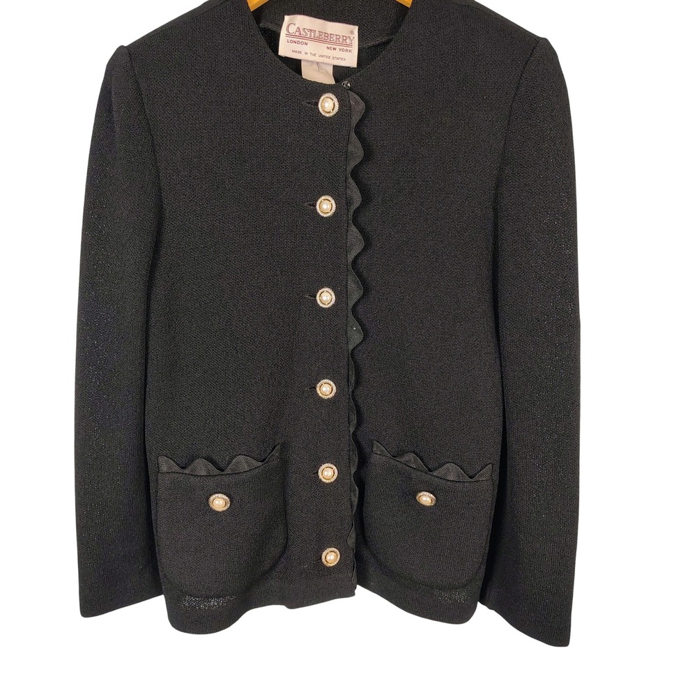 Castleberry Vintage Black Scalloped Knit Jacket Pearl‎ Buttons Made in USA Rita